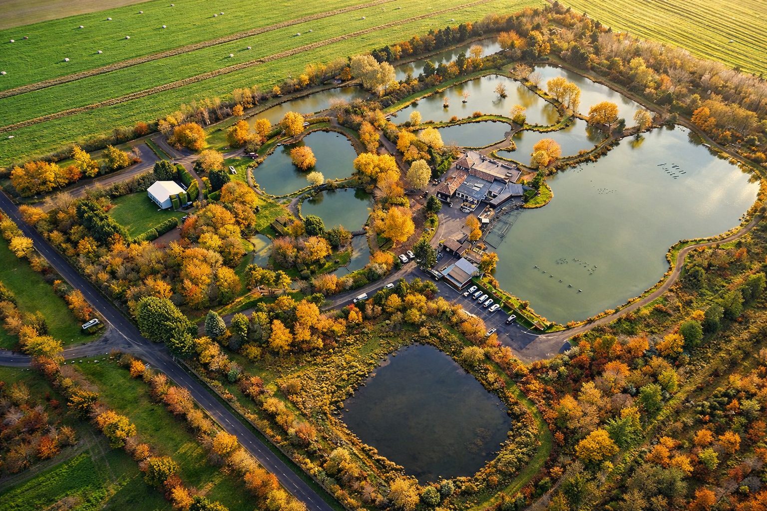 Vue aérienne du Domaine des Cascades à 5 minutes d’Arras, avec ses étangs et espaces dédiés aux événements privés et professionnels