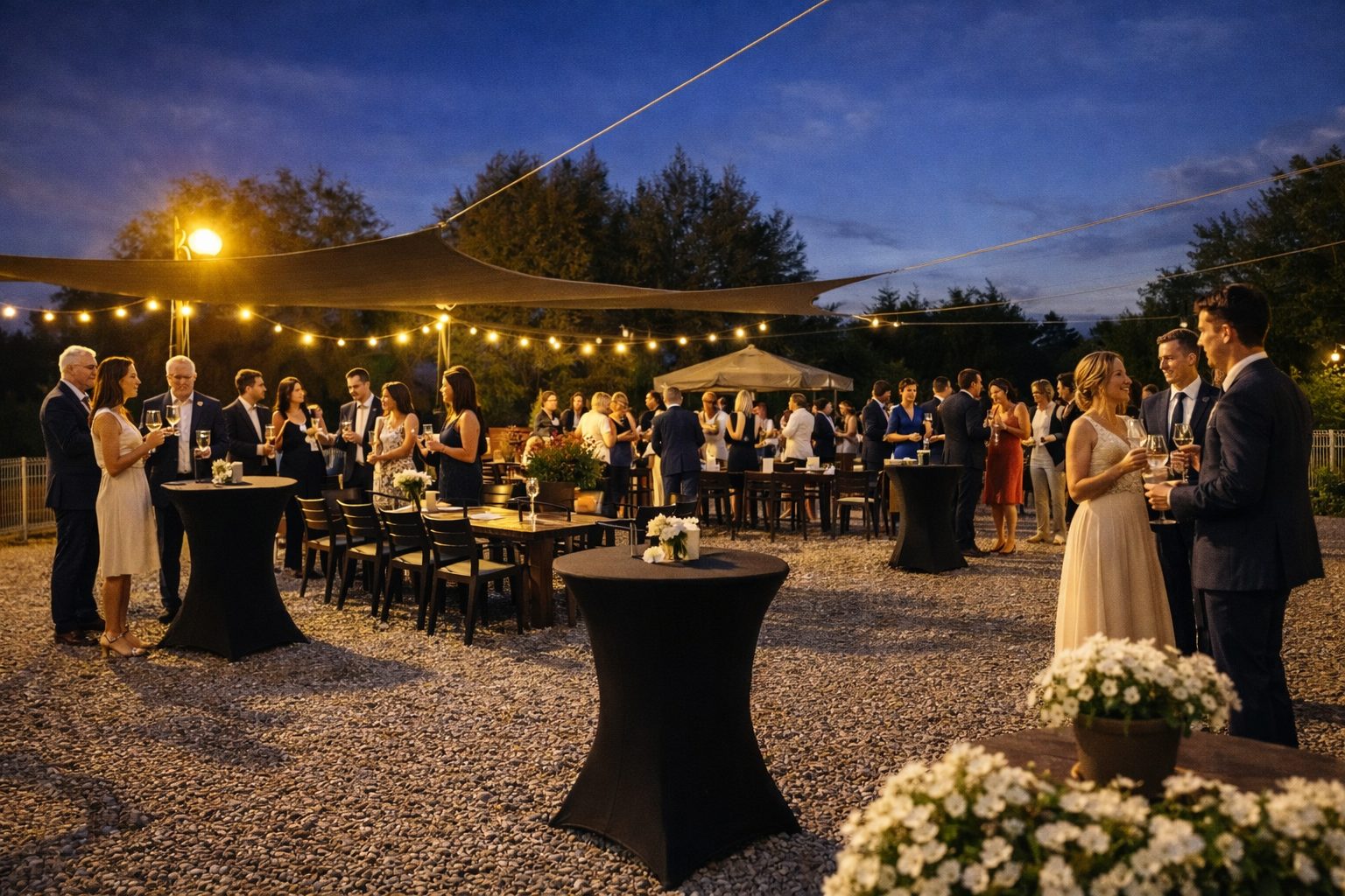 Cocktail en soirée sur la terrasse du Domaine des Cascades près d’Arras en Hauts-de-France
