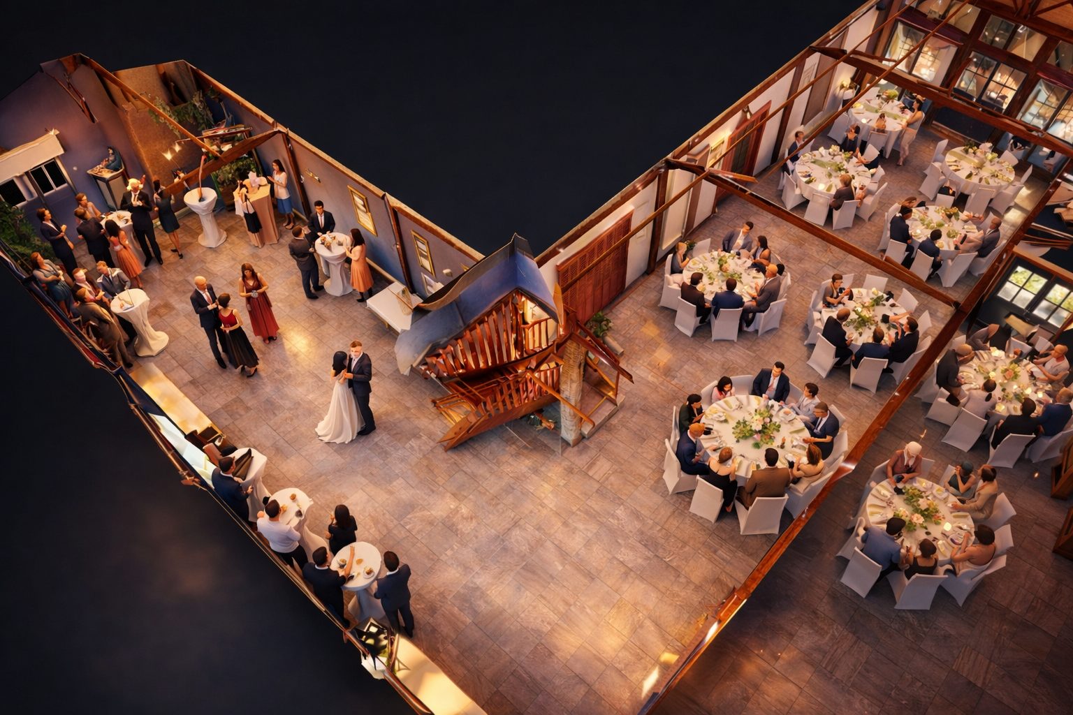 Vue intérieure 360 degrés de la salle de réception du Domaine des Cascades près d’Arras avec espace cocktail et repas