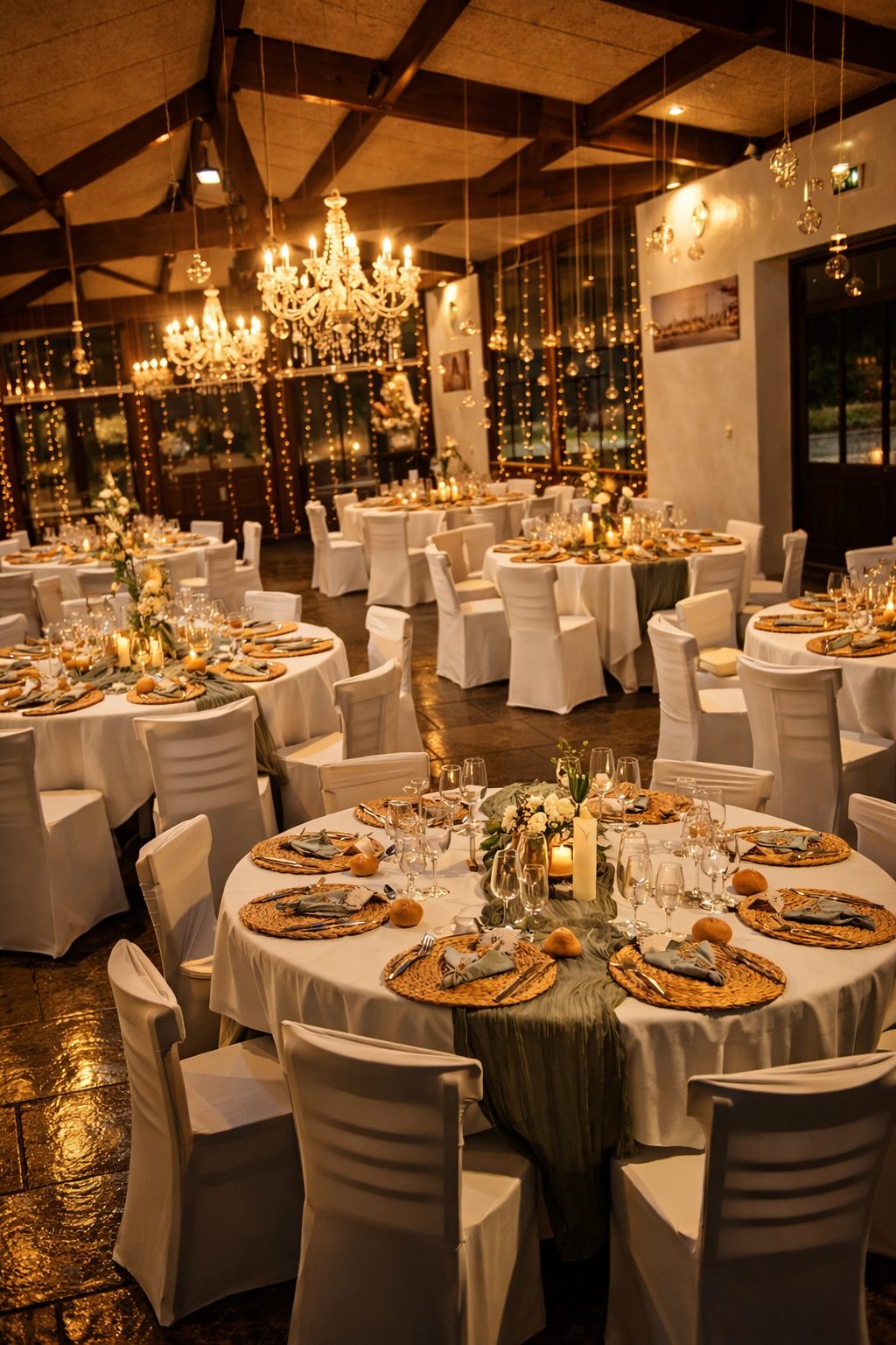 Grande salle de réception près d’Arras dans le Pas-de-Calais décorée pour mariage et événement professionnel avec tables rondes élégantes et lustres en cristal