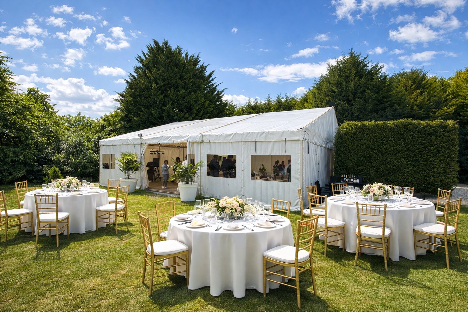 Chapiteau de réception avec tables rondes dressées en extérieur près d’Arras dans le Pas-de-Calais