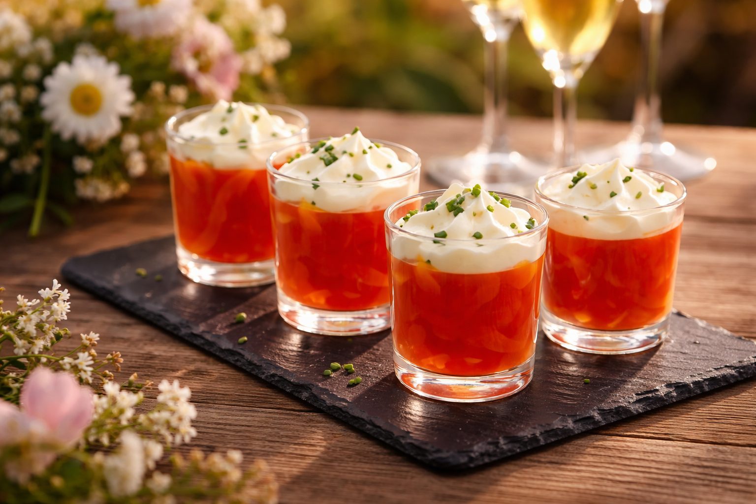Verrines apéritives à base de saumon et crème fouettée aux herbes, servies en cocktail