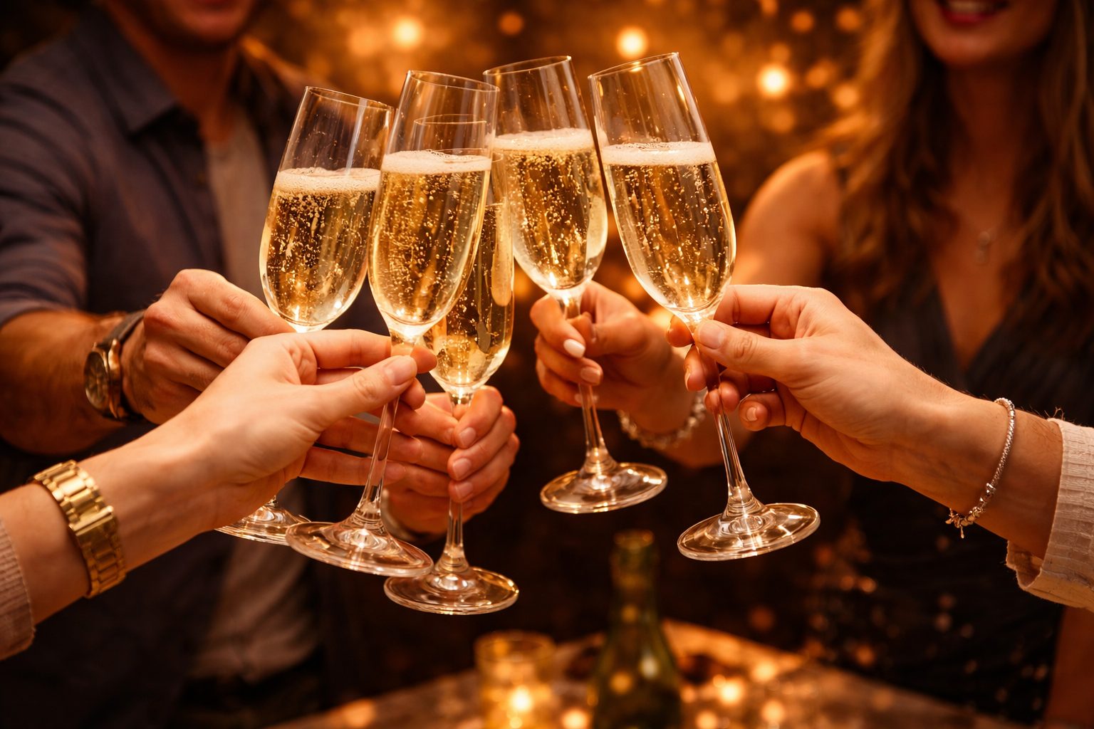 Invités trinquant avec des coupes de champagne lors d’un cocktail en soirée