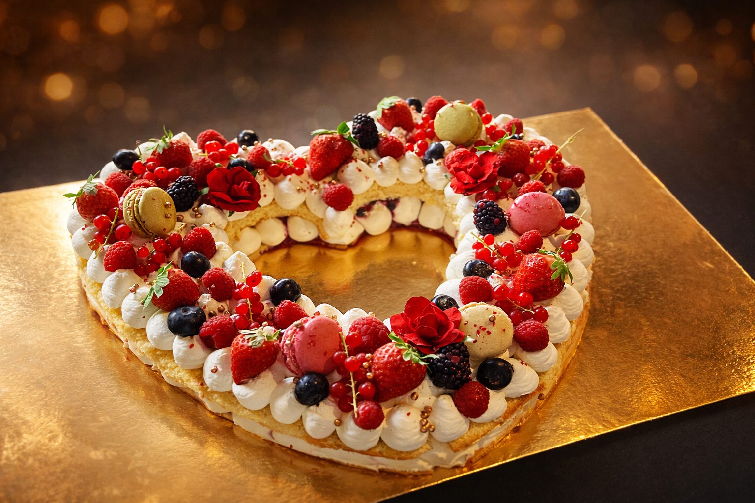 Pièce montée en forme de cœur garnie de fruits rouges et macarons