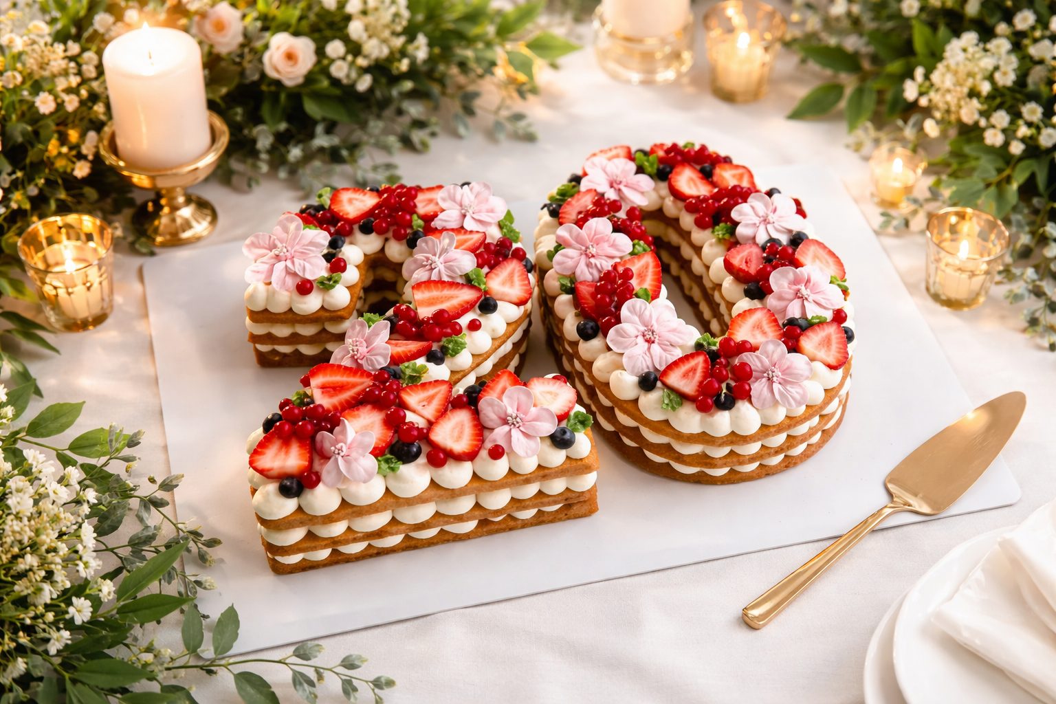 Letter cake 20 ans aux fruits rouges et macarons présenté sur table décorée pour événement