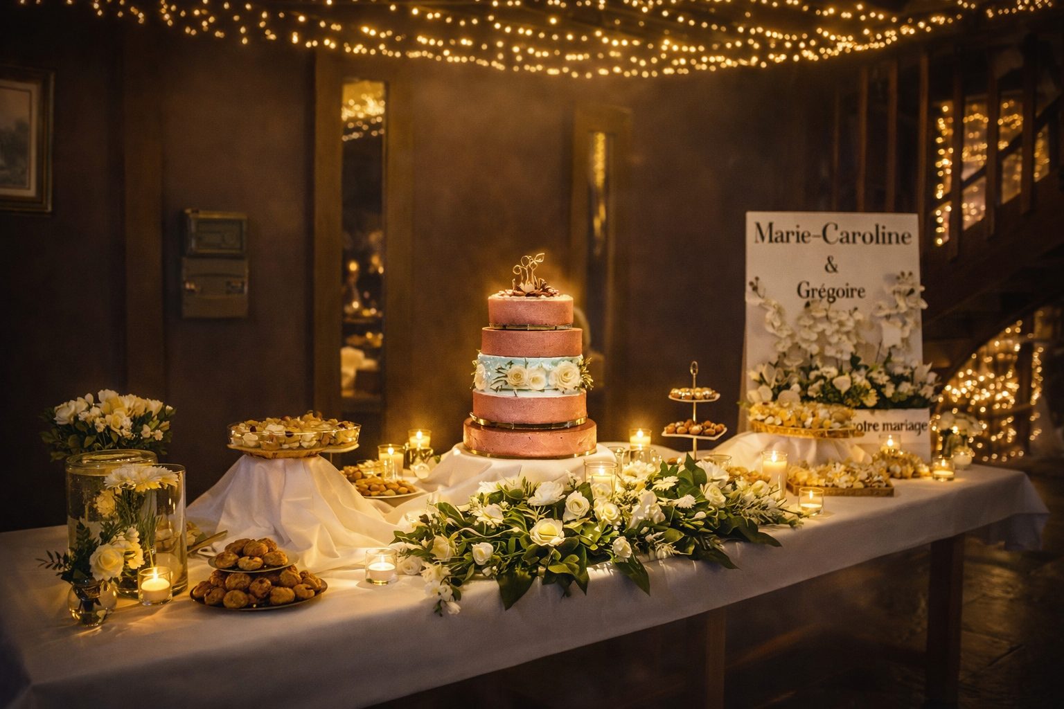 Buffet de mariage haut de gamme avec pièce montée et décoration florale élégante, ambiance chaleureuse pour réception privée ou événement d’entreprise