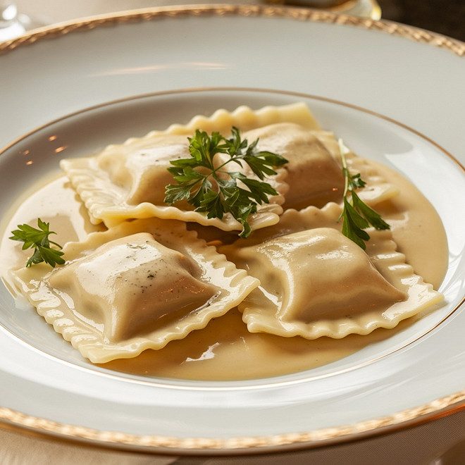 Entrée gastronomique de ravioles en sauce servie lors d’un mariage ou séminaire à Arras dans le Pas-de-Calais
