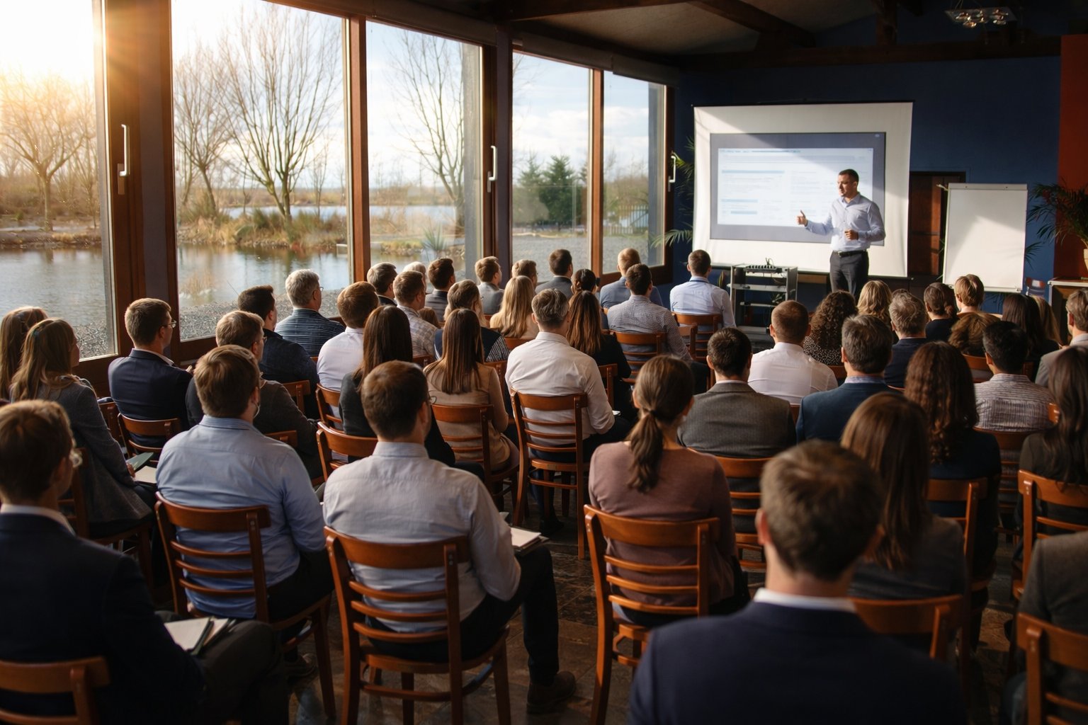 Séminaire en configuration théâtre avec vue sur le parc au Domaine des Cascades à Arras